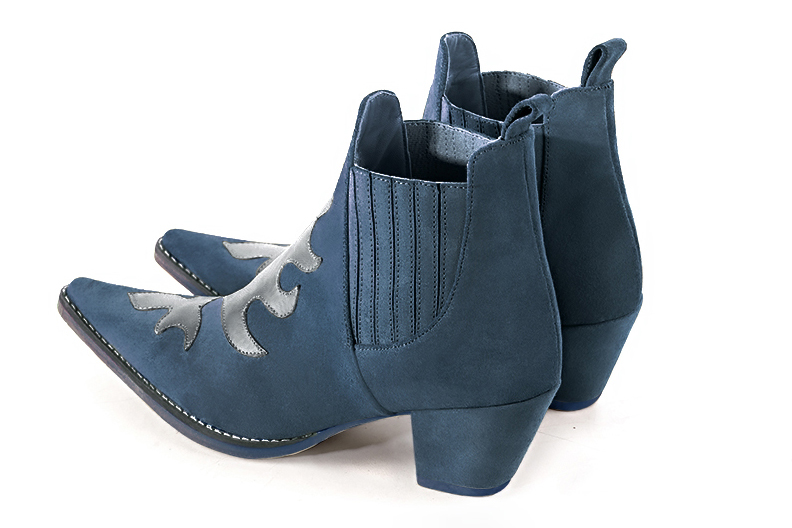 Peacock blue and dove grey women's ankle boots, with elastics. Pointed toe. Medium cone heels. Rear view - Florence KOOIJMAN